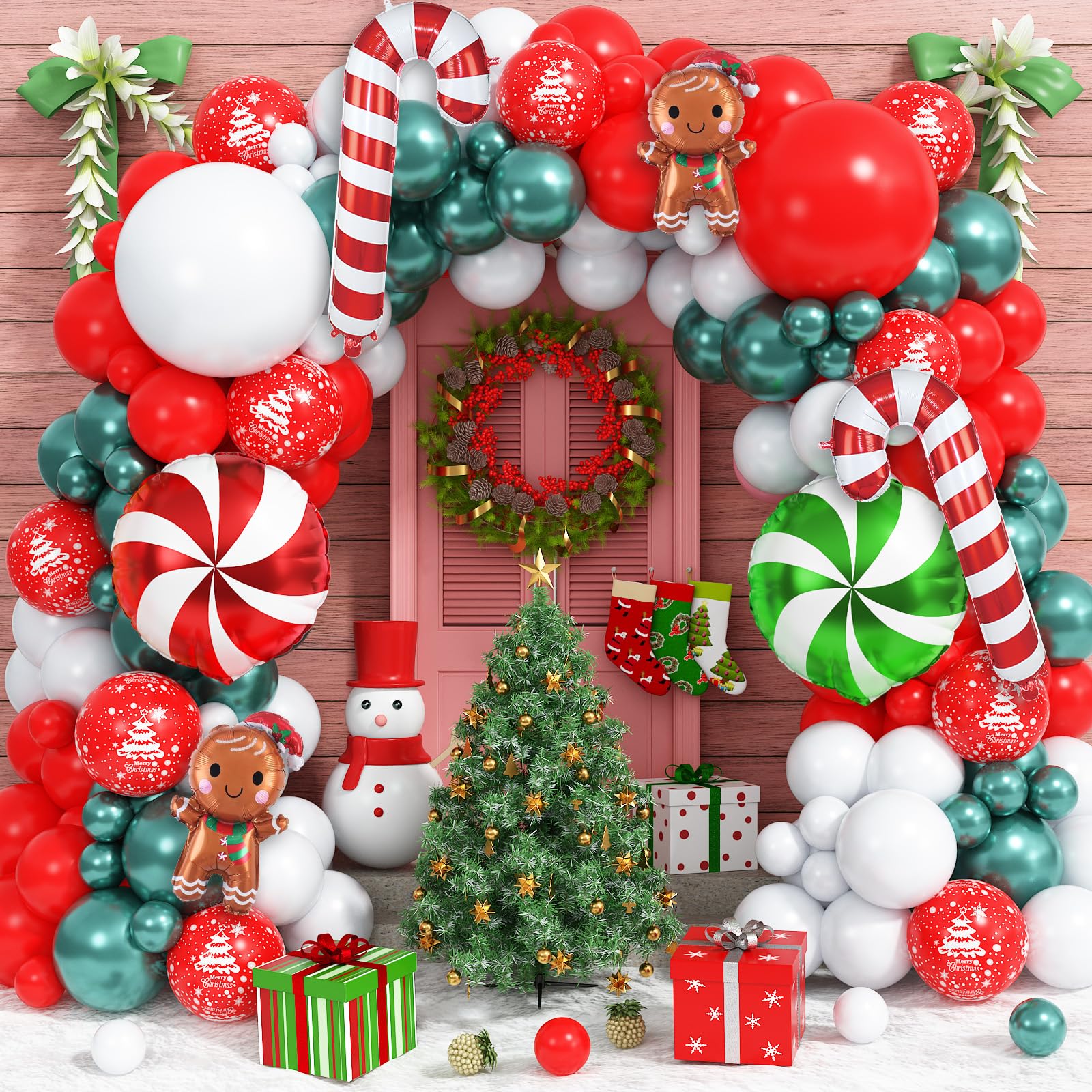 Christmas Arch Balloons - Red, Green, White & Metallic Dark Green - Gingerbread Party Decorations - Xmas Cane, Lollipop, Candy & Snowflake Prints - New Year
