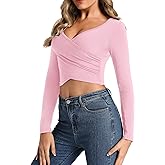 DSPSAM Womens Front Cross Wrap Crop Tops Deep V Neck Fitted Going Out T Shirts