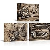 VANSEEING 3 Pieces Vintage Fishing Rod Net Wall Art Canvas Prints Fisherman Man Cave Pictures Retro Sepia Brown Fishing Tackle Artwork Wall Decor for Farmhouse Lake Cabin Bedroom 12"x16"x3