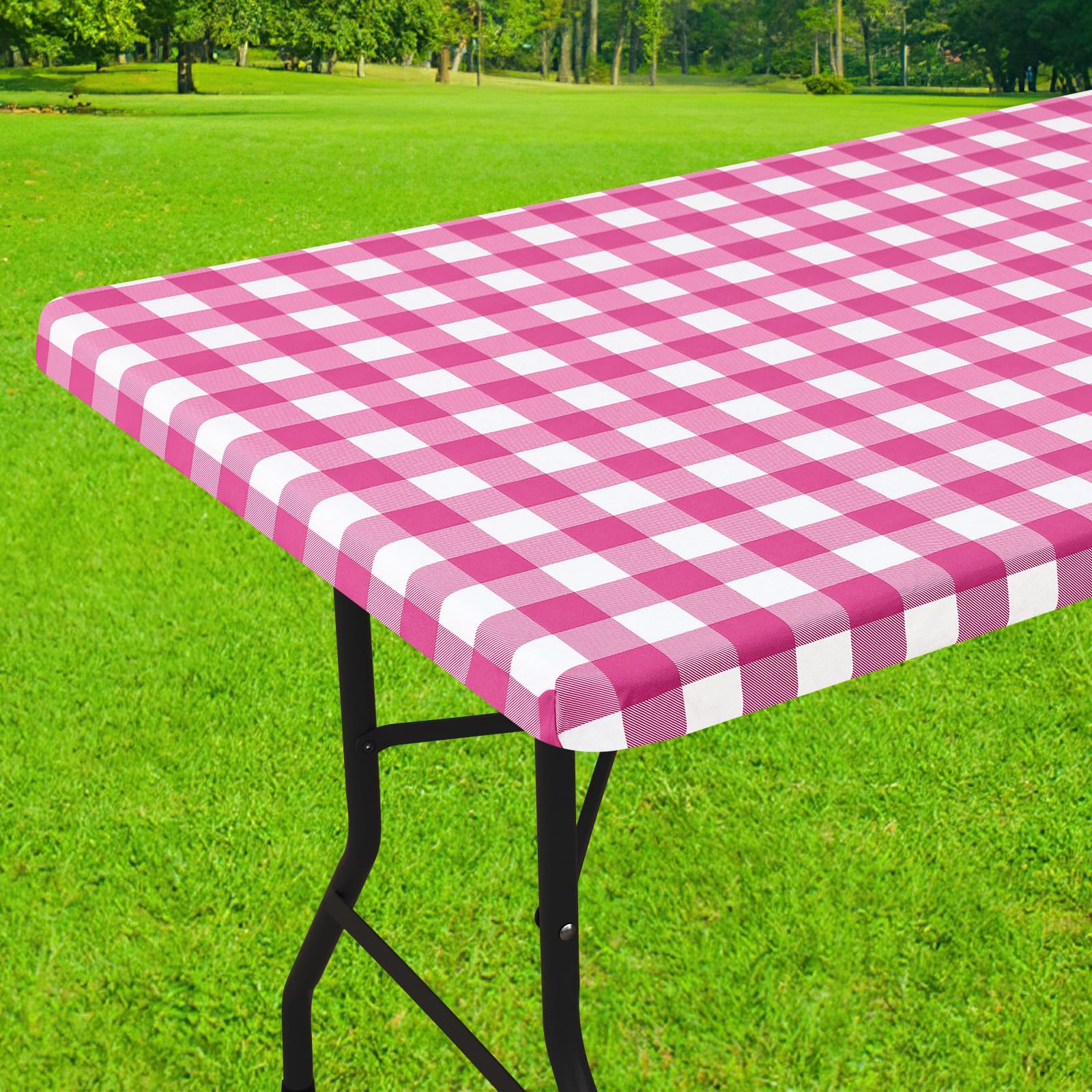 Smiry Rectangle Picnic Table Cloth, Elastic Waterproof Fitted Vinyl Tablecloths, Flannel Backed Buffalo Plaid Table Covers for Dining, Camping, Outdoor (Hot Pink and White, 30" x 72") Image