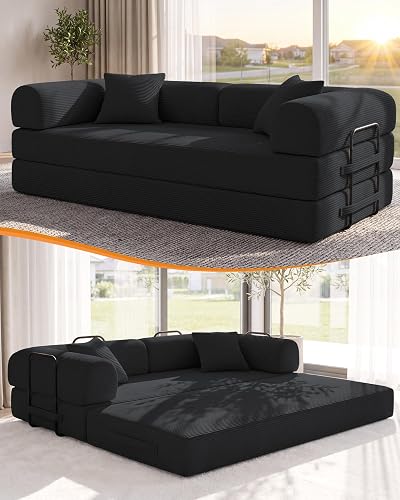 NNQ 79" Sofa Bed, Convertible Futon Sofa, Boneless Couches for Living Room | 6-In-1 Boneless Convertible Sofa Bed,Corduroy Futon Sleeper Sofa,Modular Pull Out Couches for Bedroom,No Assembly Black Couch