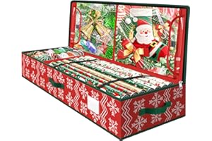 SEASONBLISS Wrapping Paper Organizer Storage, Christmas Wrapping Paper Storage with Flexible Partition & Pockets for Christmas Decorations, Ribbon, Underbed Gift Wrap Organizer for Holiday(Wave and Snowflake/Red)