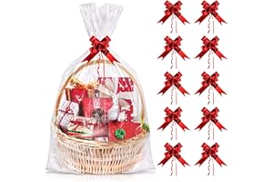 DIUEOLY Extra Large Easter Cellophane Bags 30x40 Inch, 10PCS Large Cellophane Wrap for Gift Baskets with 10PCS Red Pull Bows, Easter Basket Bags, Plastic Clear Gift Bag for Basket Holiday Gifts Wrapping