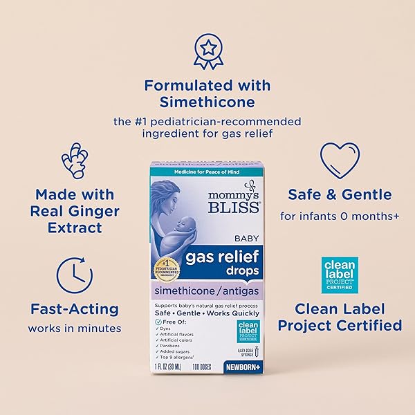 MOMMY’S BLISS GAS RELIEF DROPS BOTTLE, SIMETHICONE DROPS FOR INFANTS, RELIEVES STOMACH DISCOMFORT, SAFE & GENTLE, GINGER FLAVOR, 1 FL OZ (PACK OF 1)