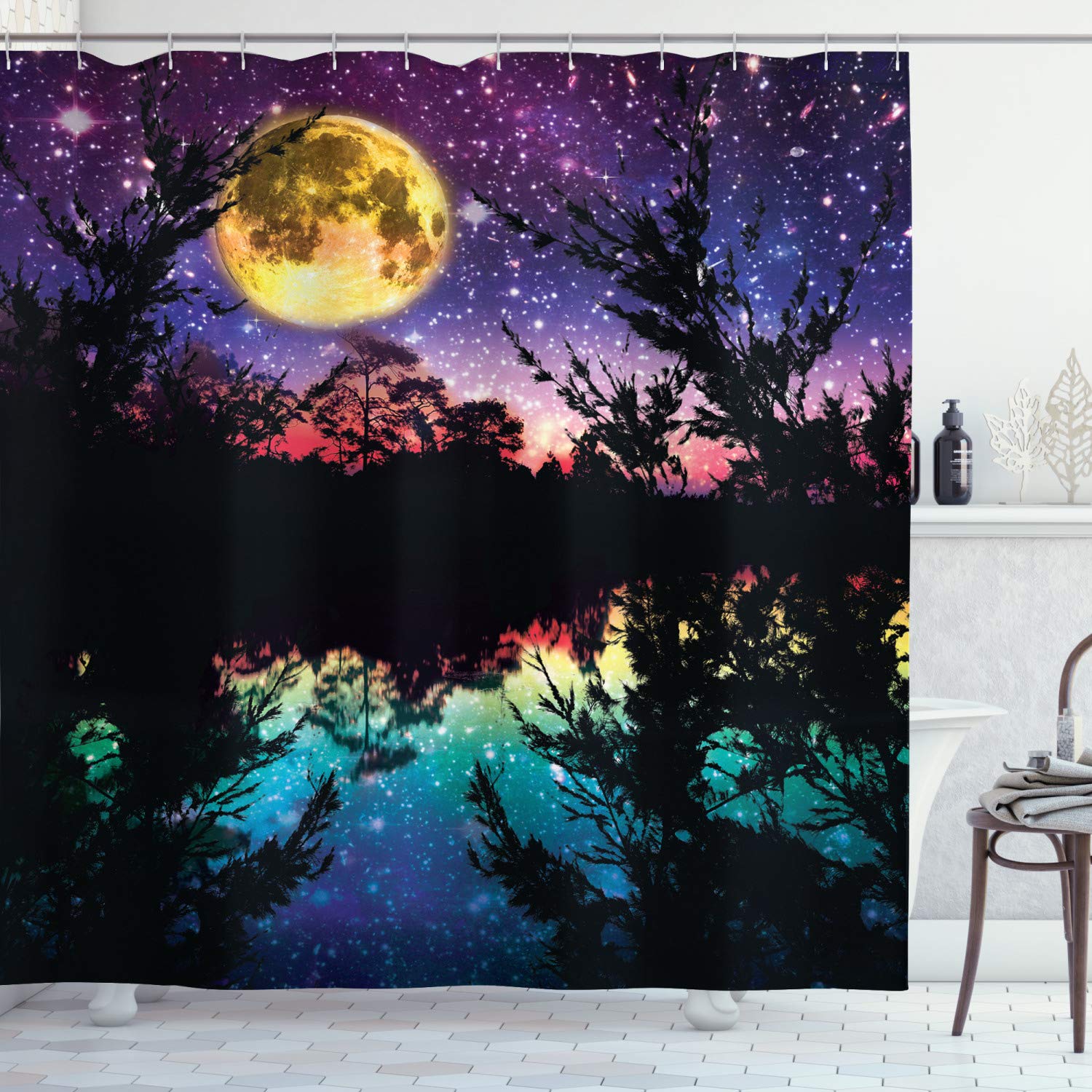 ABAKUHAUS Purple Shower Curtain, Lake Moonlight Stars in Night Sky with Trees Contemporary Modern Design, Cloth Fabric Bathroom Decor Set with Hooks, 70 Inches, Purple Pink and Blue