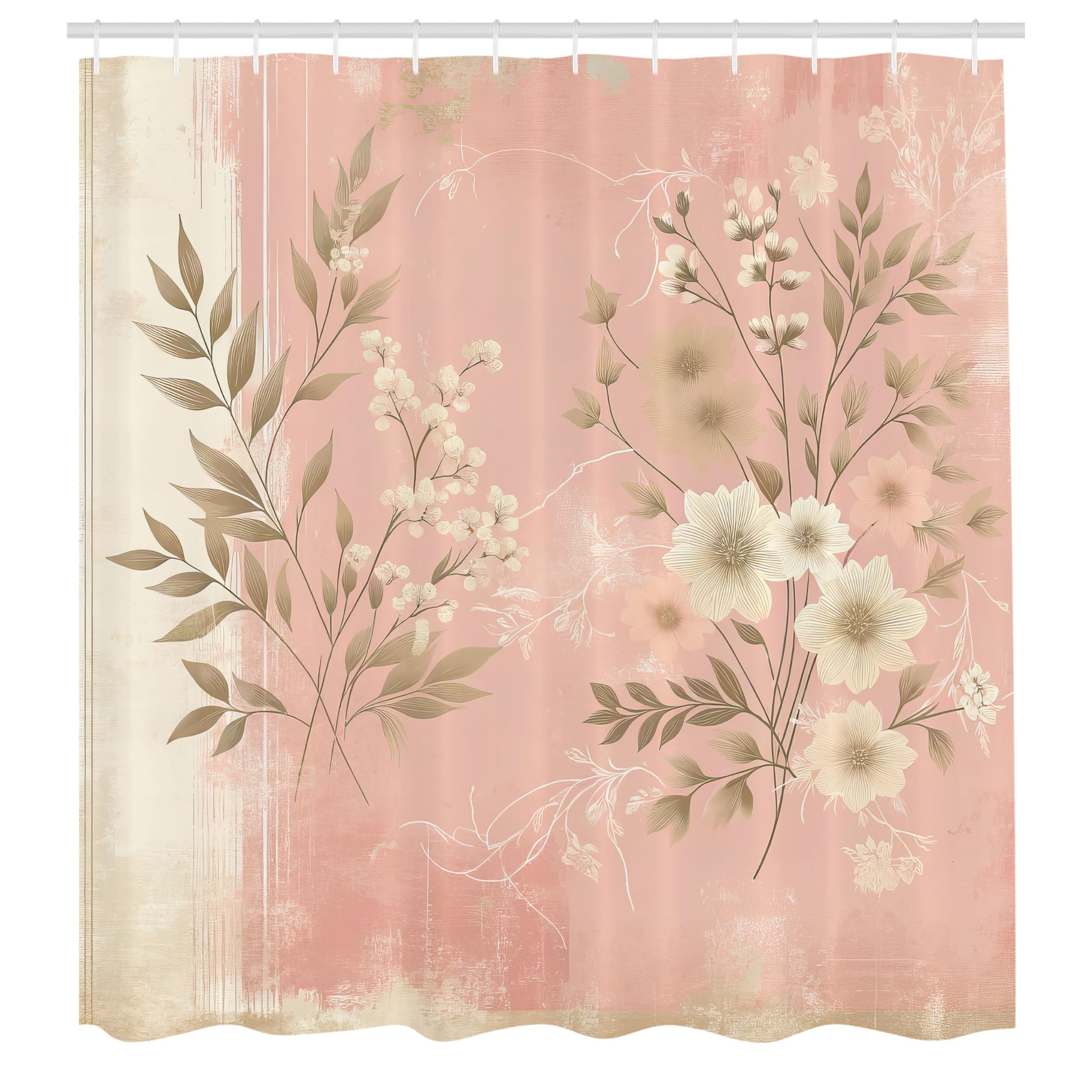 ABAKUHAUS Pink Shower Curtain, Leafy Floral Modern Grunge, Cloth Fabric Bathroom Decor Set with Hooks, 175 x 200 cm, Rouge Dark Mustard Yellow