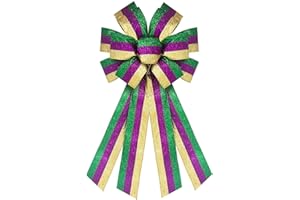 chmacura Mardi Gras Wreath Bow 20 x 11 Inches New Orleans Fat Tuesday Bows Green Purple Golden Stripes Ribbon Bow Carnival Farmhouse Bow Tree Ornament for Home Front Door Decorations