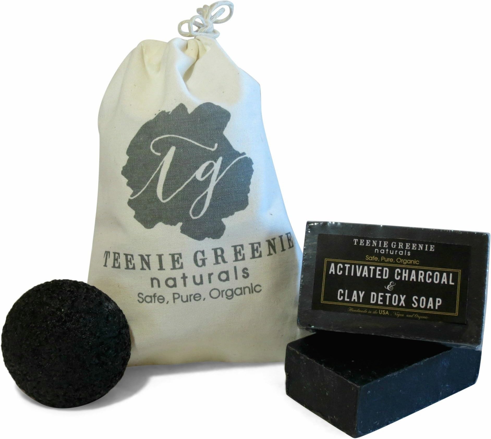 Teenie Greenie Naturals 2 Activated Charcoal and Clay Detox Soap Bar and Facial Konjac Sponge