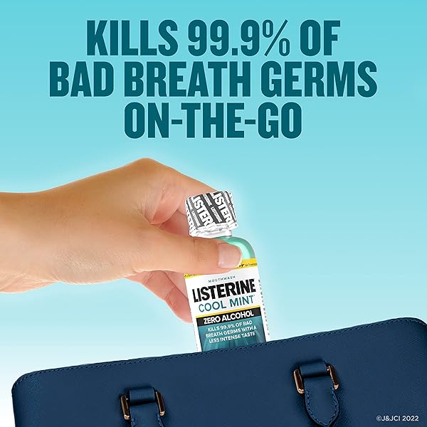LISTERINE COOL MINT ALCOHOL-FREE MILD MOUTHWASH, ORAL RINSE KILLS 99.9% OF GERMS THAT CAUSE BAD BREATH, LESS INTENSE TASTE, MILD MINT FLAVOR, 3.2 FL. OZ