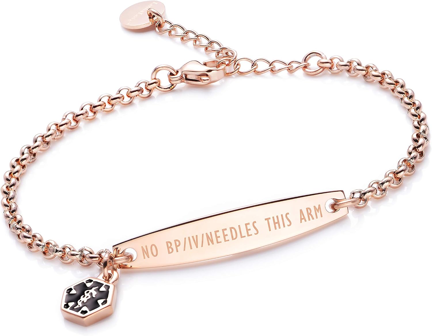 LinnaLove-Pre-engraved NO BP/IV/NEEDLES THIS ARM Rose Gold Simple Rolo chain Medical id bracelet for Women