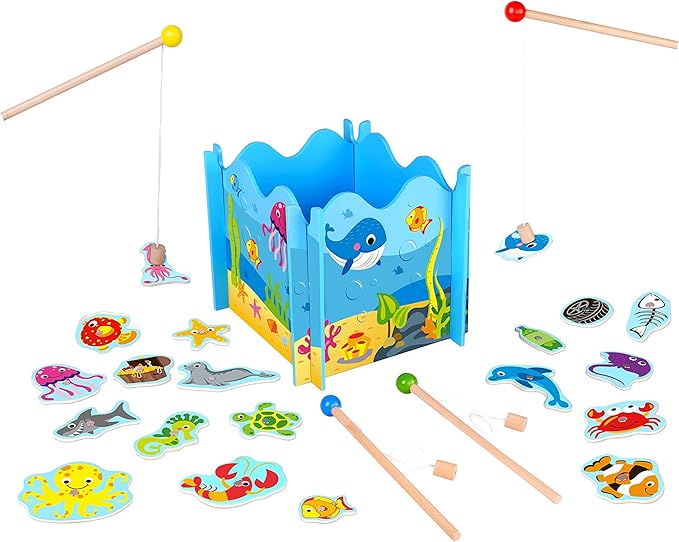 Toysters Wooden Fishing Toy Game for Toddlers | Fun Puzzle Board for Kids | Interactive Activity Games Keeps Children Entertained for Hours | Includes Magnetic Fishing Pole Rods and Cute Sea Animals