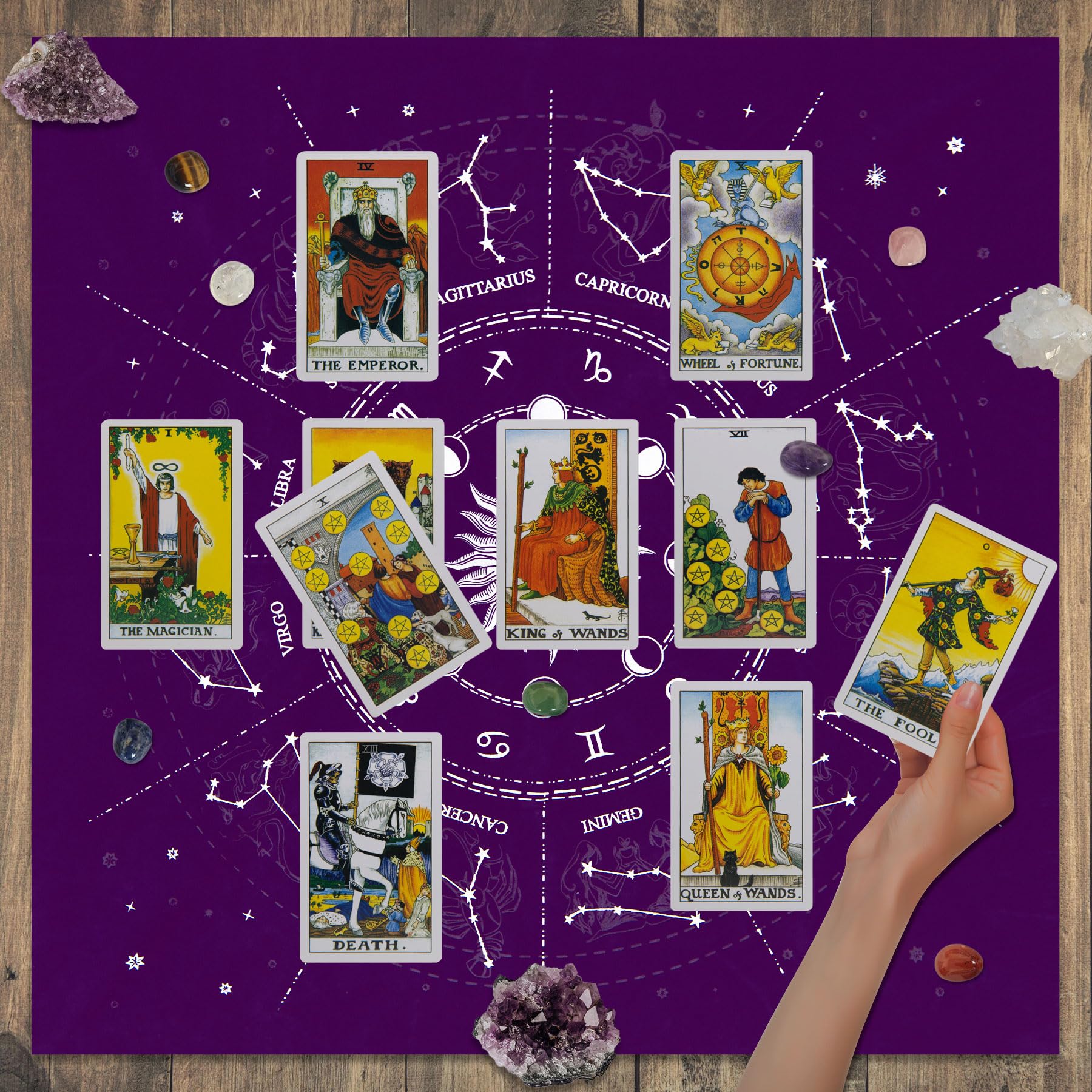 Knana 9Pcs Velvet Tarot Card Cloth Altar Cloth Tarot Cards Mat with Tarot Card Bag Crystals 19.7 x 19.7 inches (Purple)