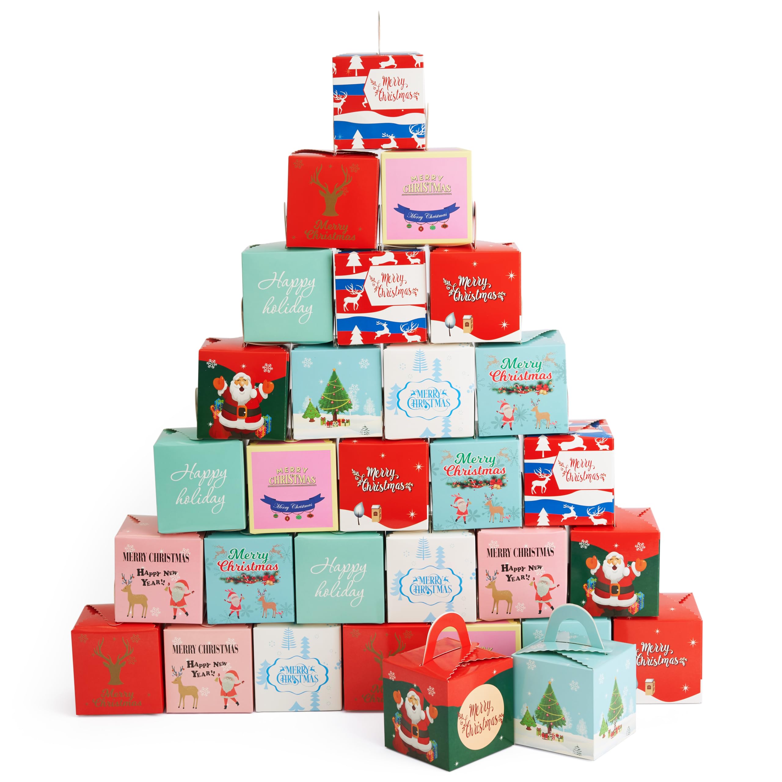 THE TWIDDLERS 30 Gift Boxes for Christmas in Festive Designs for Small Gifts, Cookies Candies Xmas Party Favours for Kids and Adults - 10x10x10cm