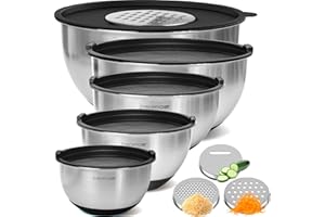 Priority Chef Stainless Steel Mixing Bowls with Lids Set, 3 Grater Attachments, Airtight Lids, Non-Slip Silicone Base Mixing Bowl Set, Large Prep Metal Mixing Bowls for Kitchen, Black