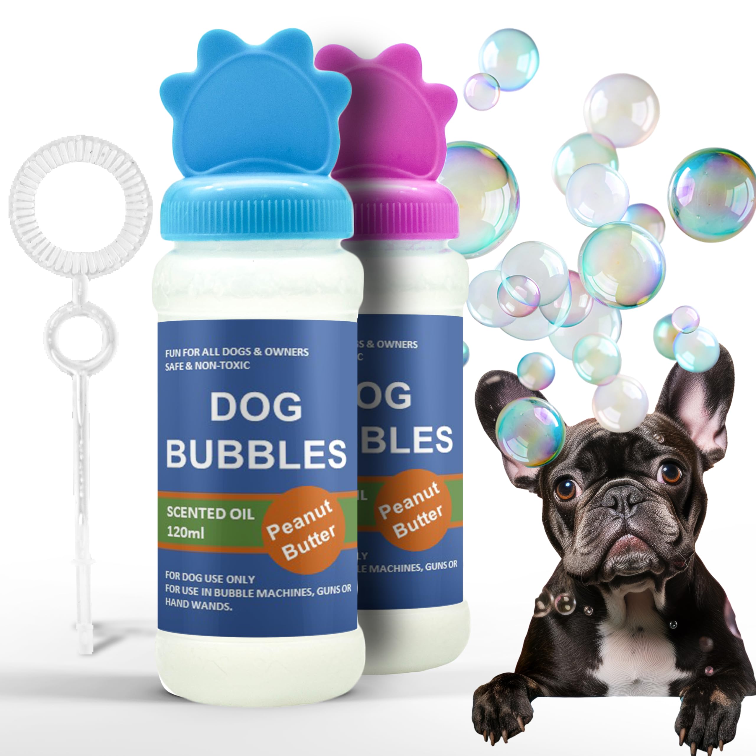 2x Bubbles PEANUT BUTTER and BEEF Blowing Bubbles for Dogs Safe SCENTED OIL Interactive Toys for Boredom Puppy and Large Dogs Outdoor Assorted (240ml (Pack of 2), Peanut Butter)