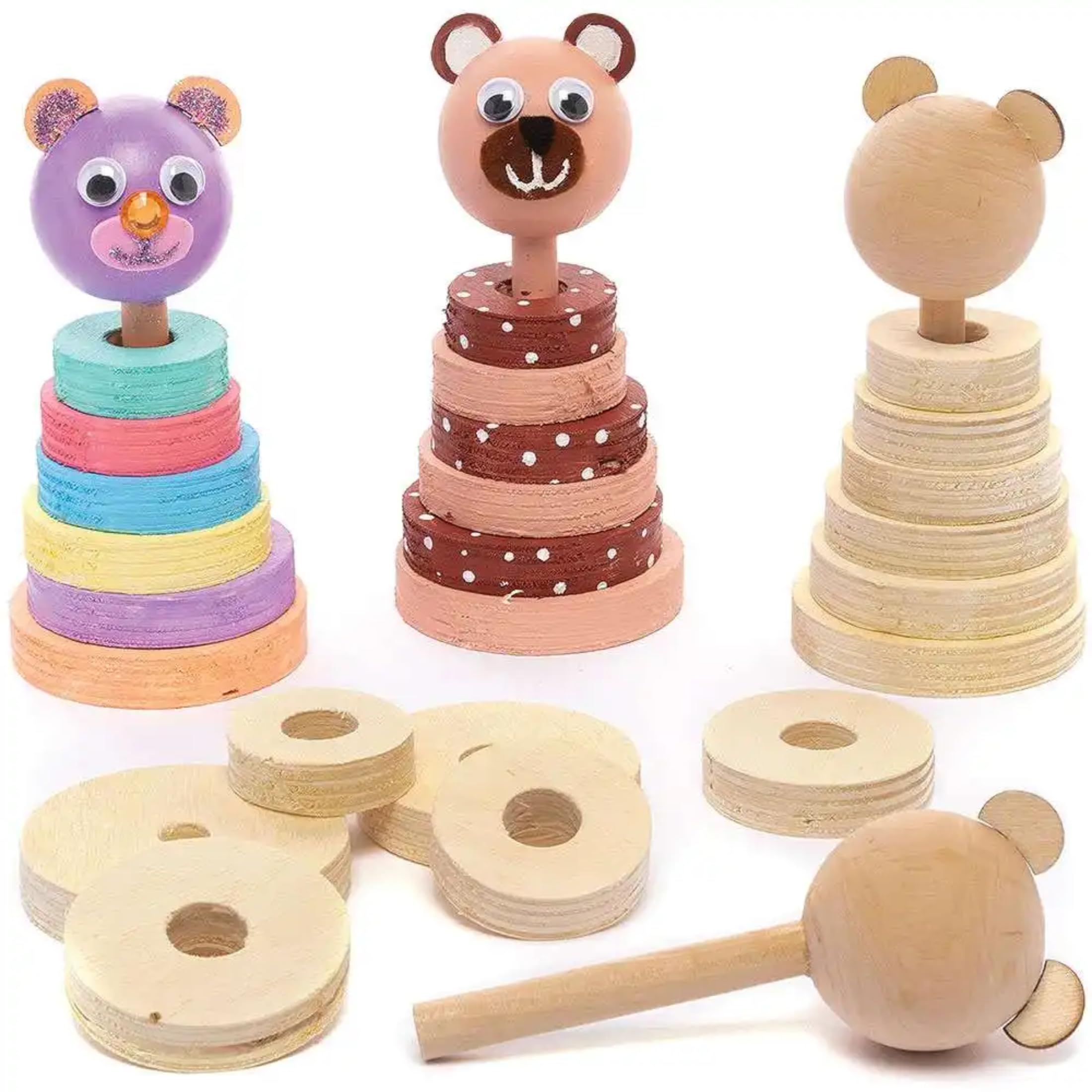 Baker Ross Teddy Bear Stack Craft Set for Kids - 2 Pack, Wood Crafting for Kids (FC372)
