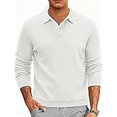 Cotrasen Mens Pullover Sweater Collared Long Sleeve Casual Ribbed V Neck Textured Lightweight Sweater White XL