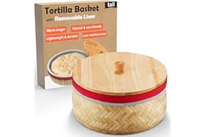 Tortilla Warmer Basket w Removable Insulation Liner, 9.4'' Large Bamboo Taco Warmer w Wooden Lid - Cotton Tortillas Warmer Po