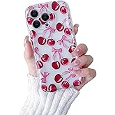 hsimnsi Compatible with iPhone 13 Pro Max,Cute Clear Cherry Pattern with Bows Pink Phone Case for Women Girls,Soft TPU Shockproof Protective Phone Case for iPhone 13 Pro Max-Clear Cherry Pattern
