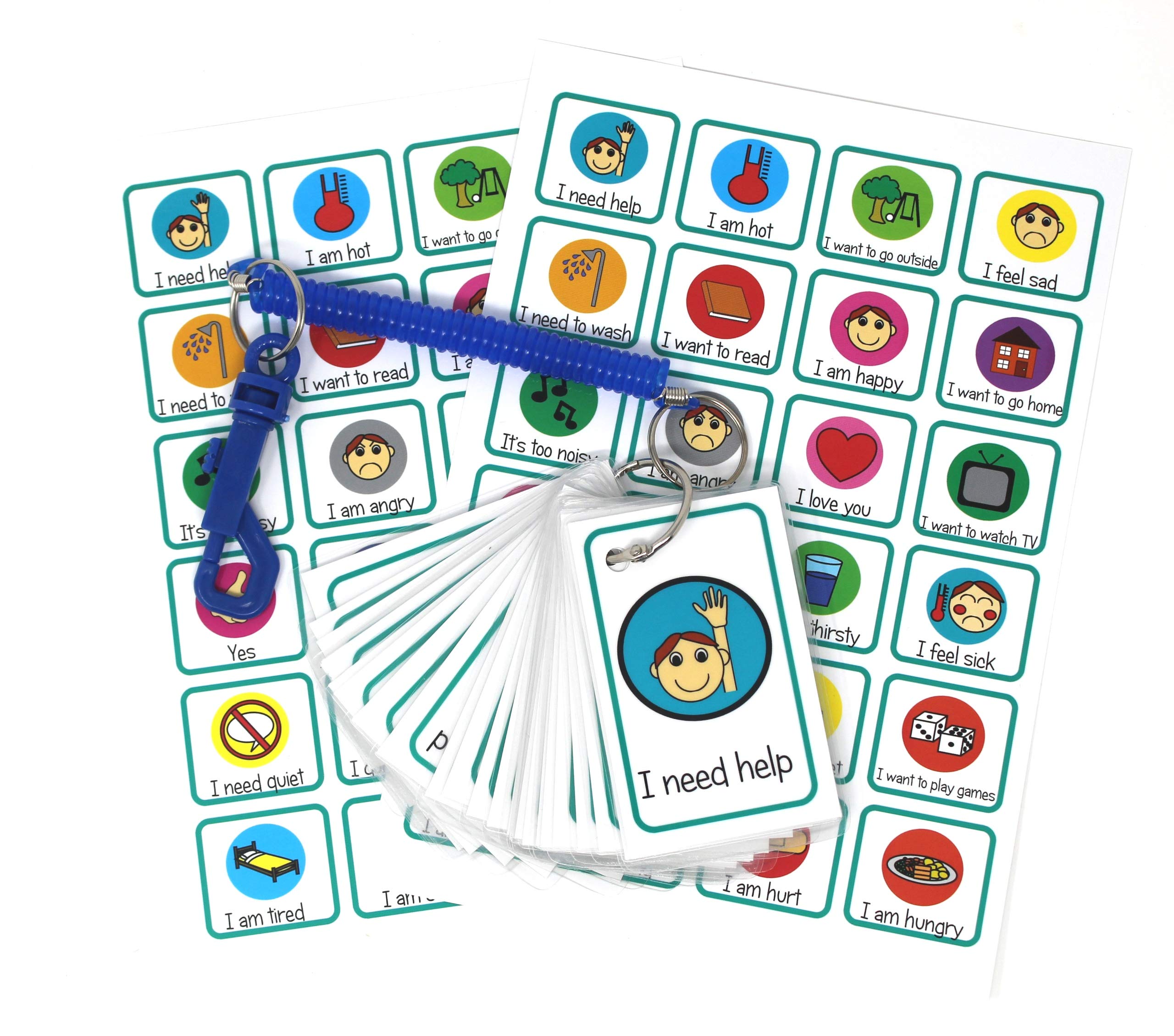 Special Needs Communication Cards Aid Set of 24 Flash cards, 2 x Emotions Feelings Poster & Bungee - For non verbal children young adults with Autism ADHD Speech Delay echolalia