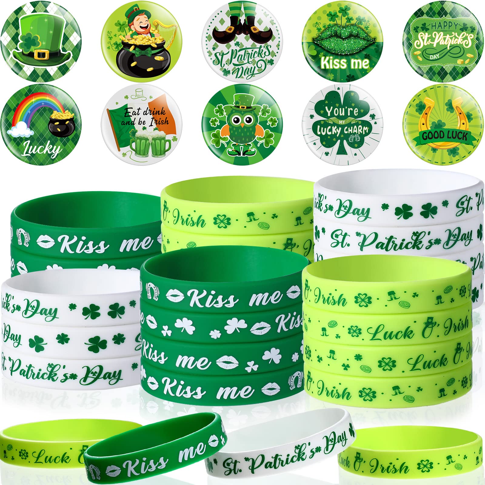 60 Pcs St. Patrick's Day Set, Included 30 Green Shamrock Rubber Wristbands Bracelets Lucky 4 Leaf Clover Silicone Bracelets and 30 Novelty Buttons Badges Pins for Irish Party Favor Supplies Presents
