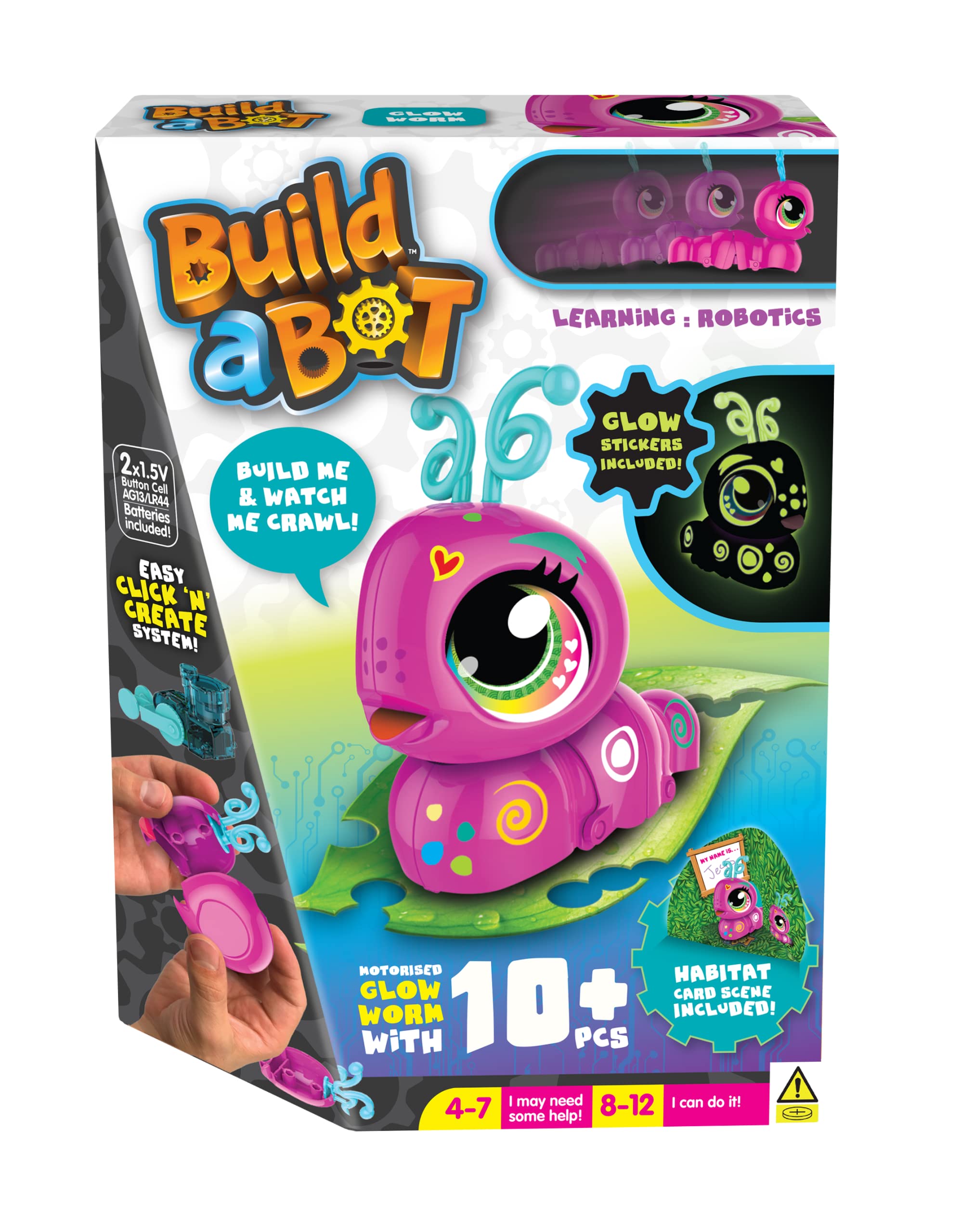 Build-a-Bot: Glow Worm | Build Your Own Interactive Pet Worm | Easy Click 'n' Create System | 20+ Piece STEM Robot Kit for Kids | For Ages 4+, Pink