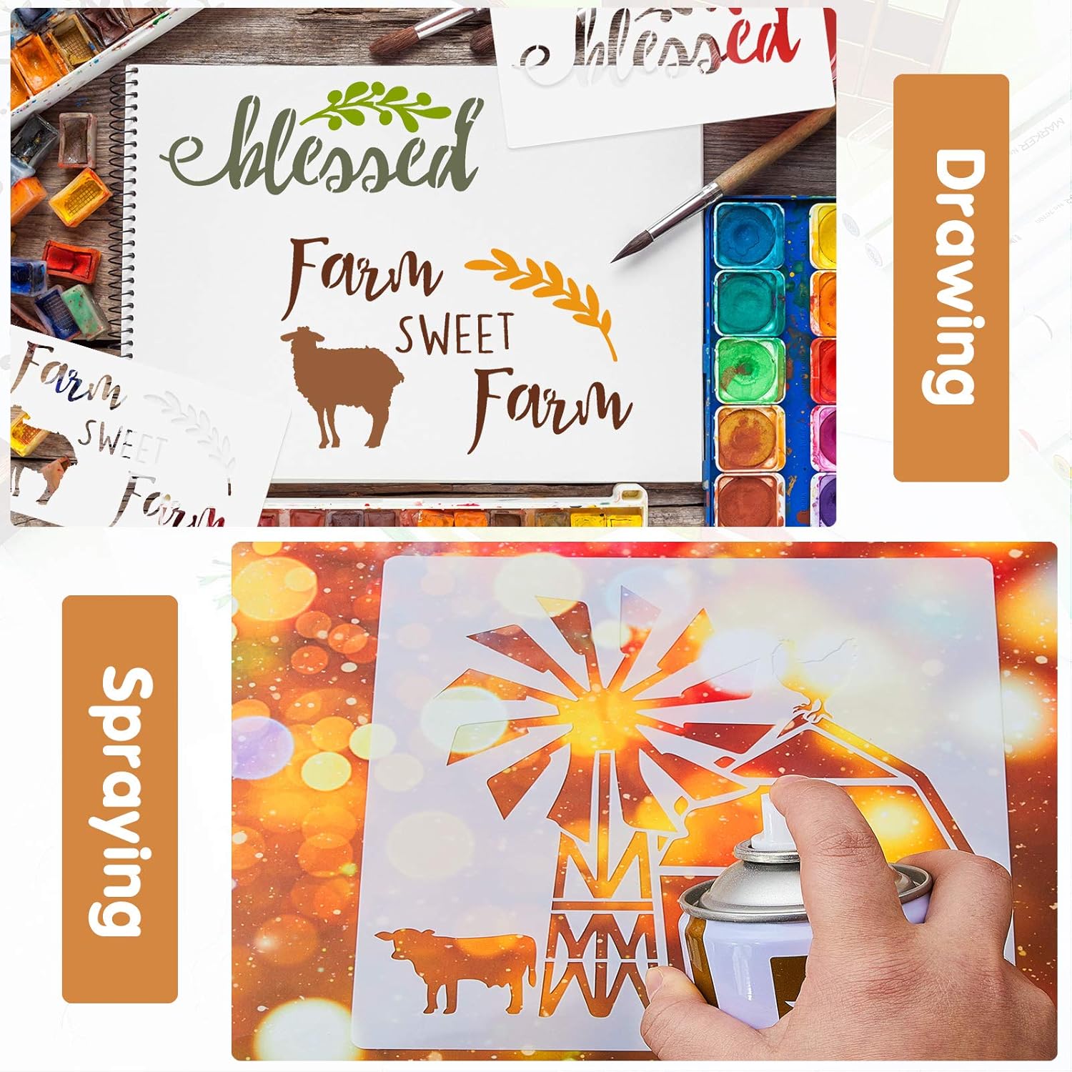 10 Pieces Farmhouse Stencils Farm Reusable Stencils Farm Theme Painting Stencils for Scrapbooking Drawing Tracing DIY Furniture Wall Floor Fabric Decors, 2 Sizes and 10 Patterns : Kitchen & Dining
