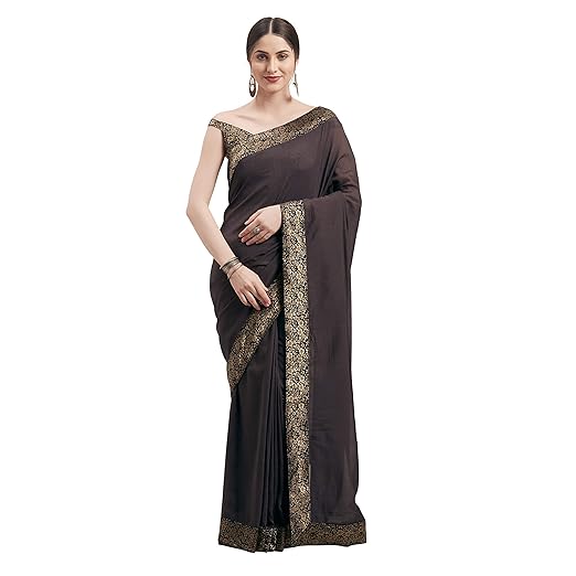 Womanista crepe with Blouse Piece Saree (TI1164_ Charcoal Grey_ One Size)