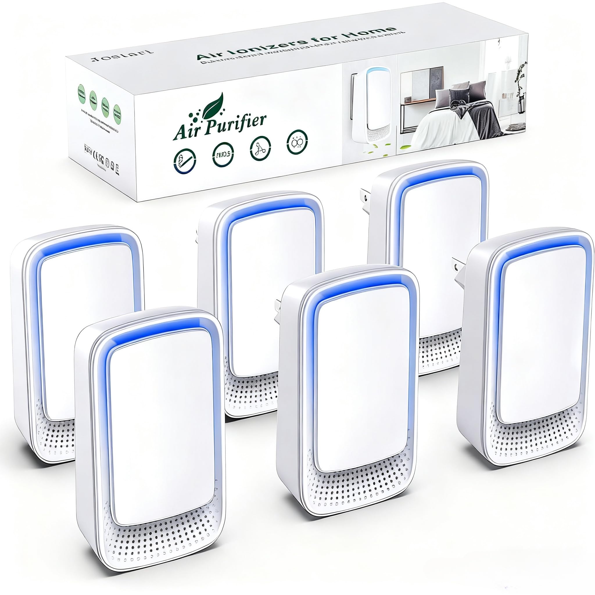 Plug In Air Ionizer Purifier for Home (6 Pack), Negative Ion Generator, Quiet Air Freshener for Bedroom, Office, Kitchen, Portable Air Filter, Mini Air Cleaner
