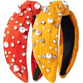 IDDFEVE 2Pcs Fall Headbands for Women, Thanksgiving Day Solid Color Rhinestones Holiday Knot Hair Hoops, Autumn Festive Pearl Hair Accessory Gift(Orange&Yellow)