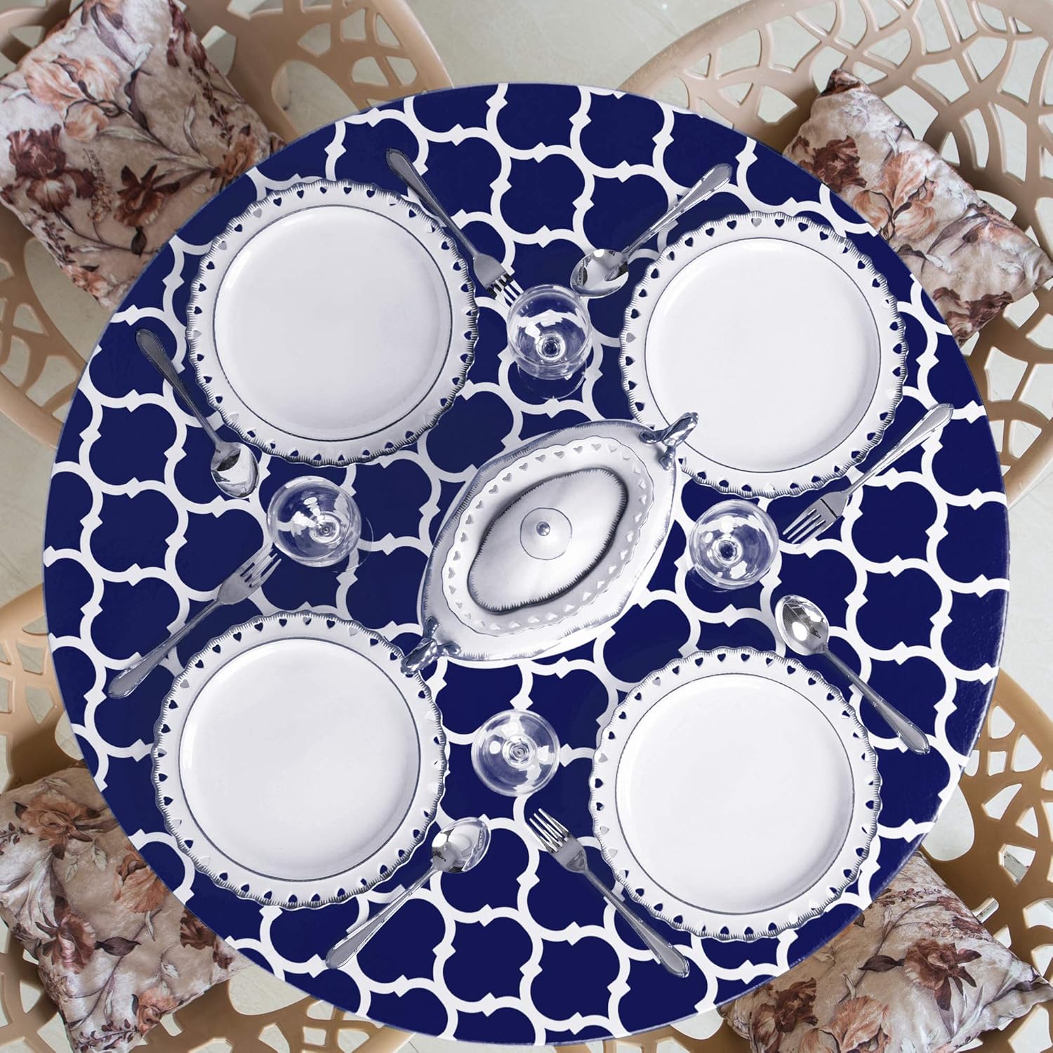 Home One Round Fitted Vinyl Tablecloth With Elastic Edge And Flannel Backing Arabic Mosaic Medium 35 42 Navy Blue Patio And Dining Room Waterproof Vinyl Fitted Table Cover For Outdoor Patio Furniture