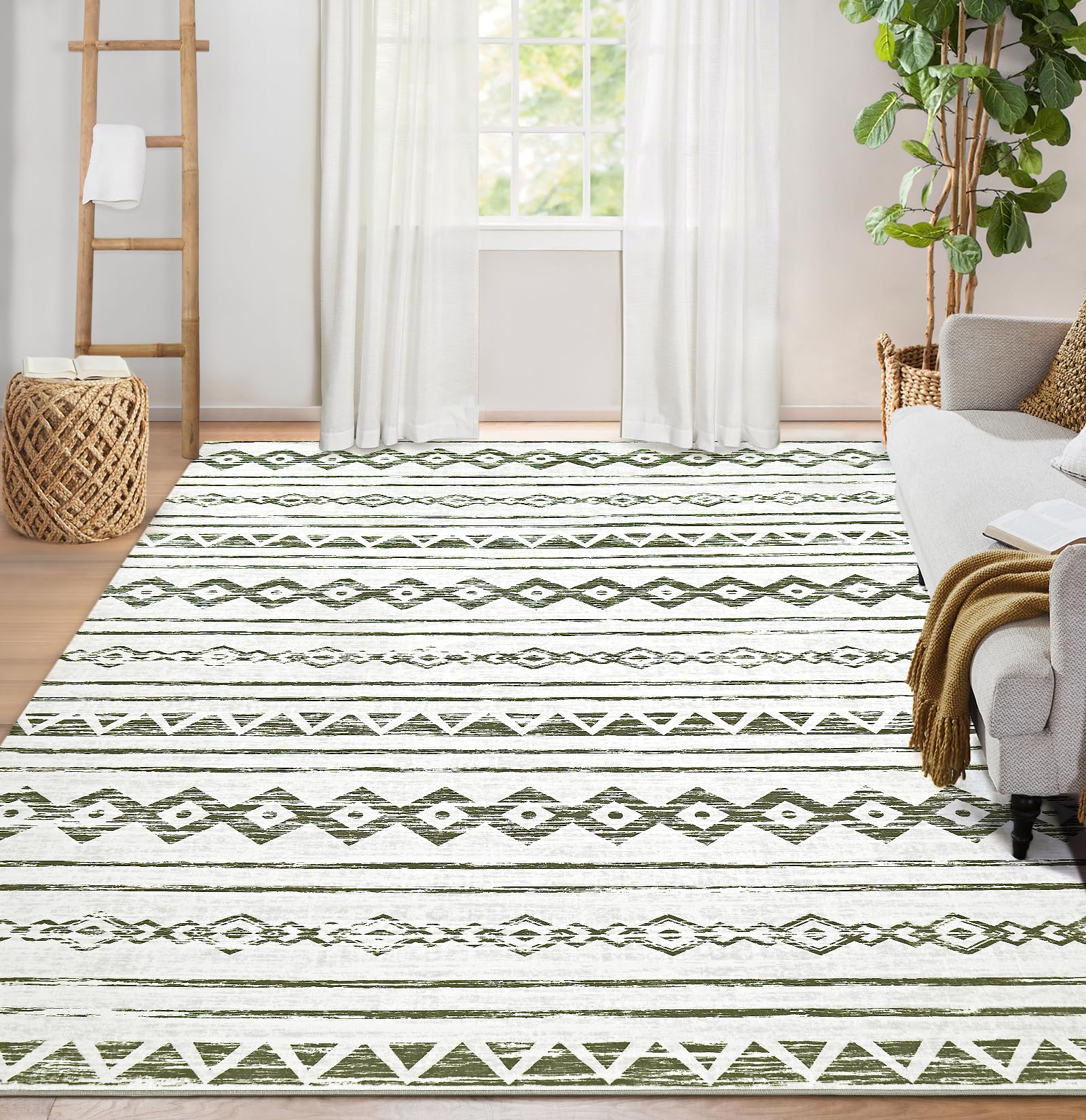 Photo 1 of Area Rug Living Room Carpet: 5x7 Large Moroccan Soft Fluffy Geometric Washable Bedroom Rugs Dining Room Home Office Nursery Low Pile Decor Under Kitchen Table Sage Green
