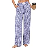 SWOMOG Women 100% Cotton Pajama Pants Striped Plaid Pj Trousers Drawstring Gingham Bottoms Casual Wide Leg Pant with Pocket