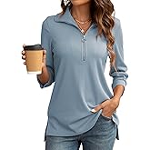 COSSEN Womens Tops Dressy Casual Shirt 3/4 Sleeve V Neck Business Casual Blouses Zipper Collar Women Polo Shirts
