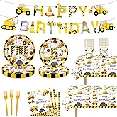 118pcs Construction 5th Birthday Decor Construction Five Years Old Paper Dinner Plates Napkins Forks Cups Tablecloth Banner Dinnerware for Dump Truck Theme Fifth Bday Party Supplies Decorations