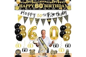 27pcs 60th Birthday Decorations for Men Women, Black Gold 60th Party Decorations, Happy 60th Birthday Banner Honeycomb Table 