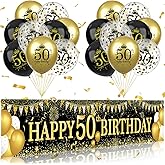 50th Birthday Decorations - Black Gold 50th Birthday Banner and Balloons for Indoor/Outdoor Parties