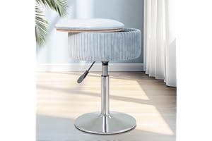 LITZFUR Velvet Vanity Stool for Makeup Room, Round Storage Ottoman Height Adjustable Vanity Chair, 360° Swivel Footrest for Living Room Bedroom, Grey
