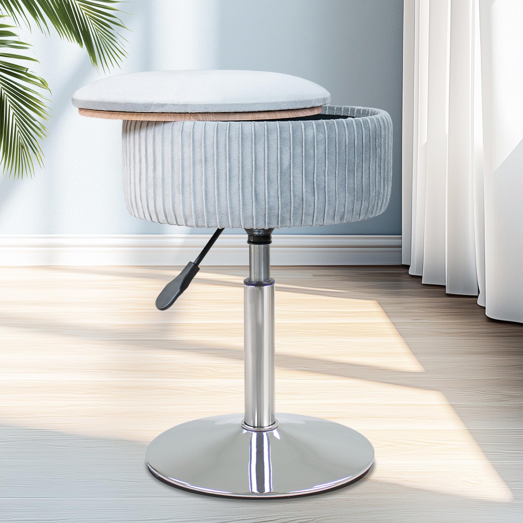 Photo 1 of LITZFUR Velvet Vanity Stool for Makeup Room, Round Storage Ottoman Height Adjustable Vanity Chair, 360° Swivel Footrest for Living Room Bedroom, Grey