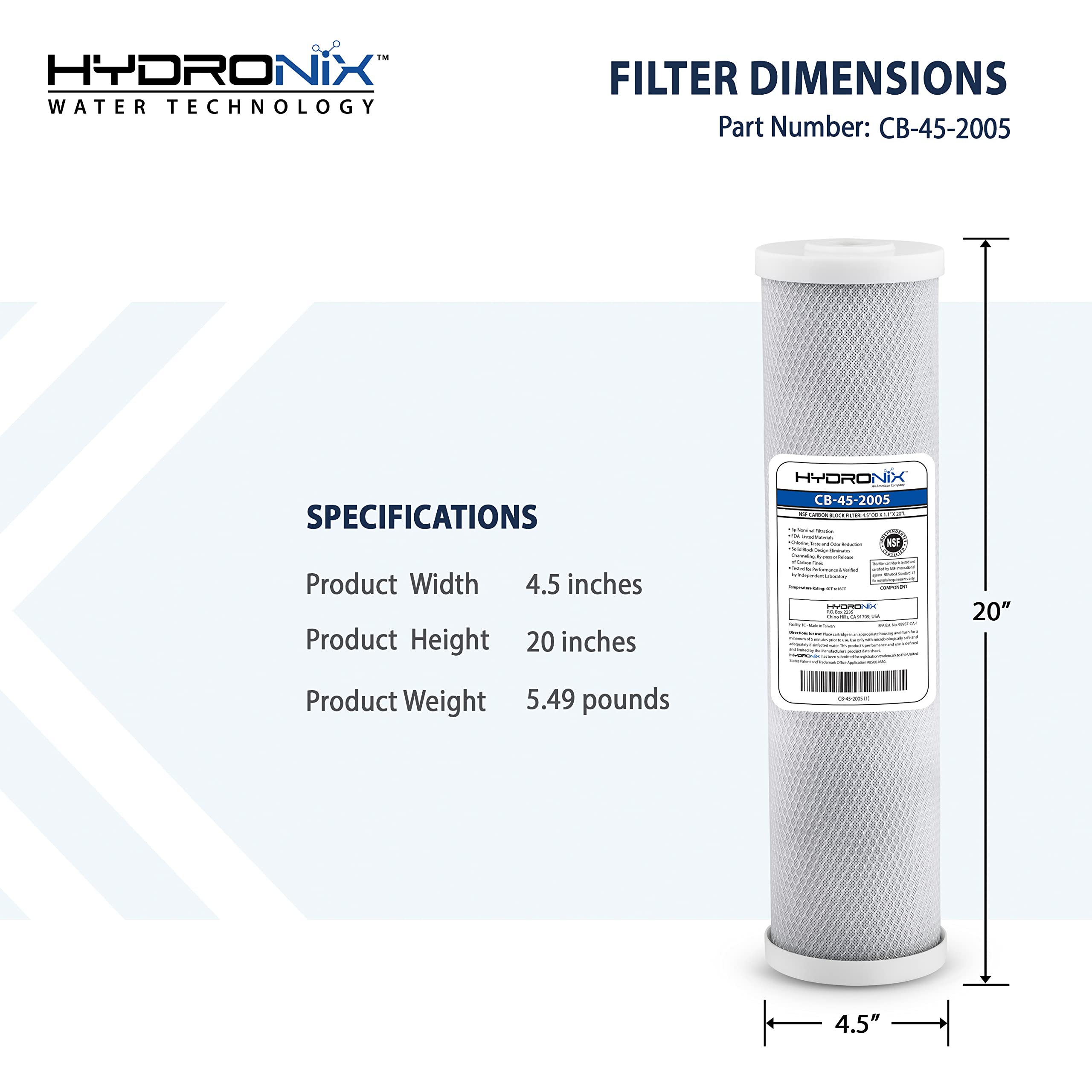 Hydronix CB-45-2005 Whole House, Commercial & Industrial NSF Coconut Carbon Block Water Filter, 4.5
