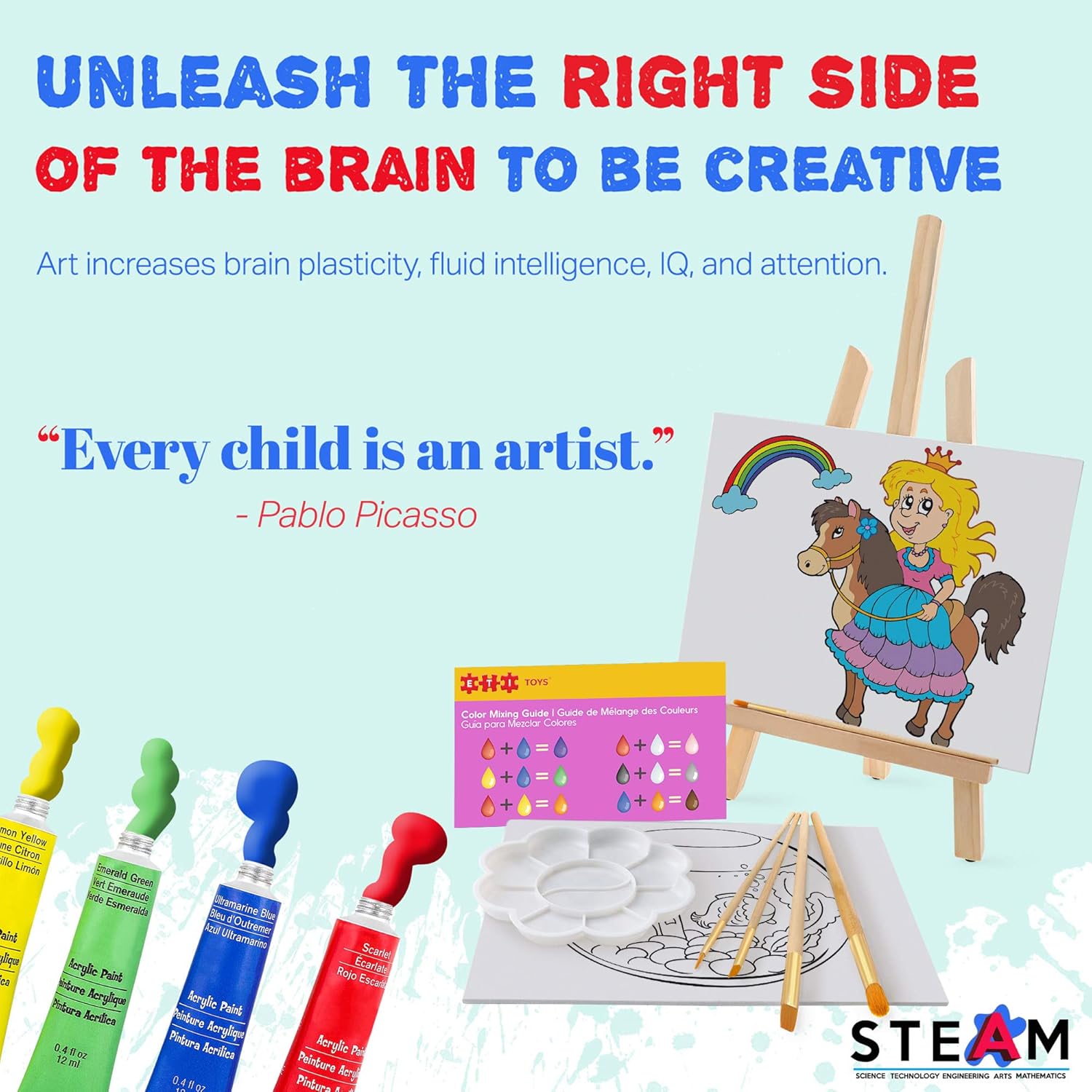 ETI Toys, 26 Piece Kids Art Painting Set with Wood Easel, 6 Princesses and Castles Themed Canvases, 12 Color Acrylic Paints, 5 Paint Brushes, Palette. Arts Studio for Artist Children Ages 6+ Years: Kitchen & Dining