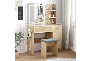 Yechen 35" Boho Makeup Vanity Table with LED Lighted Mirror & Power Strip, Wooden Dressing Table Set with Rattan Drawers, Storage Shelves and Cushioned Stool for Bedroom, Perfect for Girls Women Gift