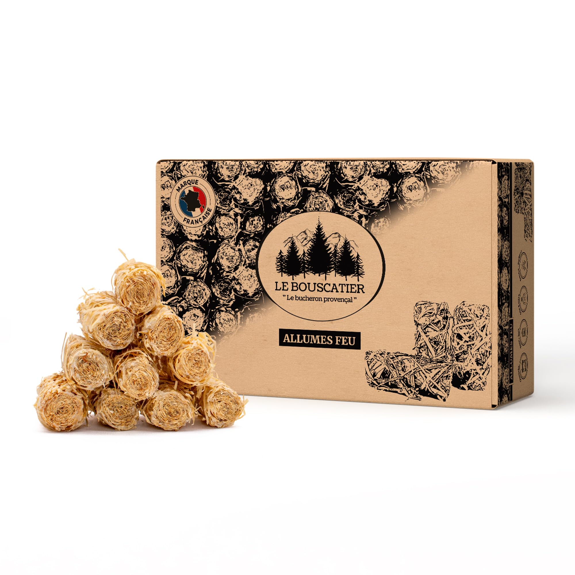 QWJEGHUY Natural Firestarters, 2 kg Wood Wool Lighters, 100% Renewable, Eco-Friendly, No Odor, Ideal for Cheminée, Poêle, Cuisinière, Barbecue, Brasero. Includes Box of Matches.