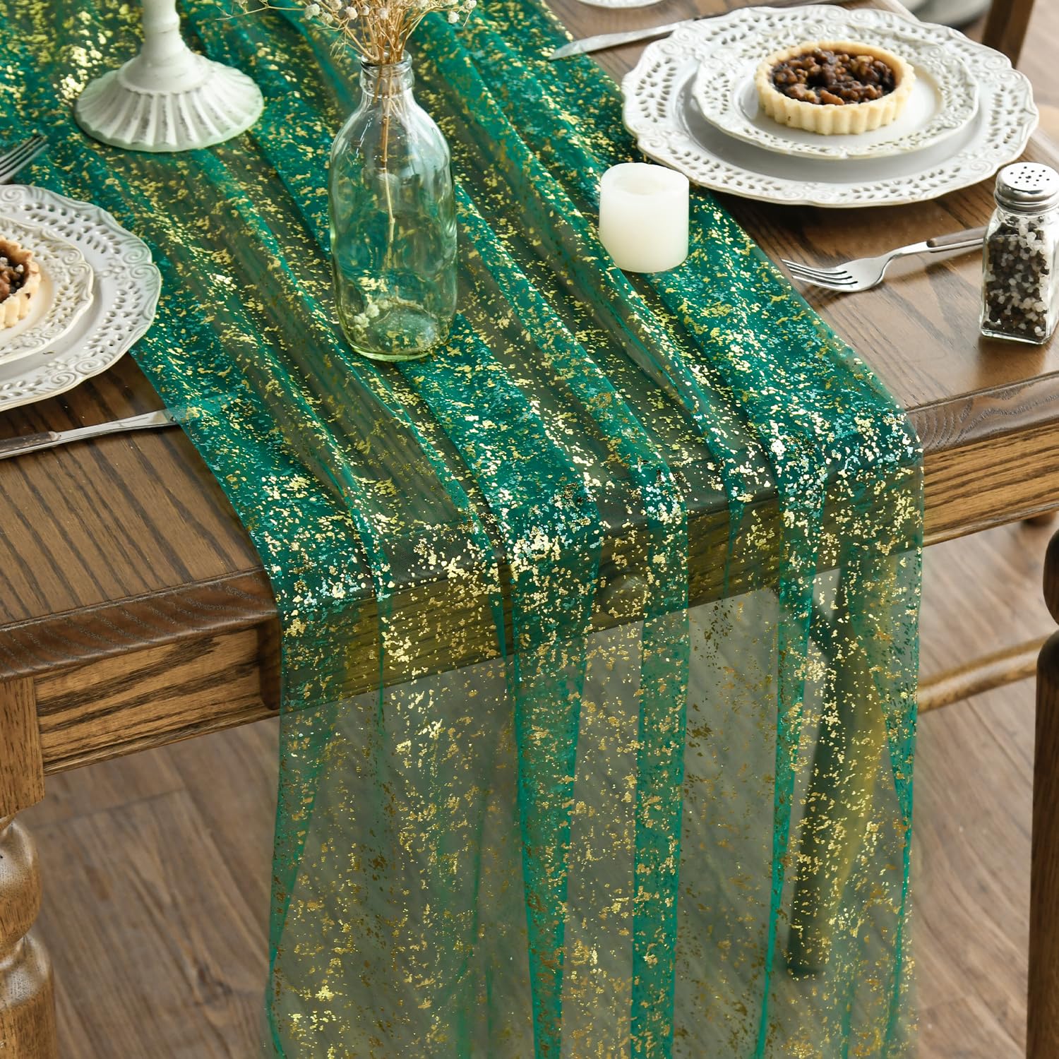 Photo 1 of Artoid Mode Green Gold Gauze Table Runner 120 Inch 10FT, Glitter Metallic Foil Sheer Dining Wedding Anniversary Holiday Table Decor for Home Party