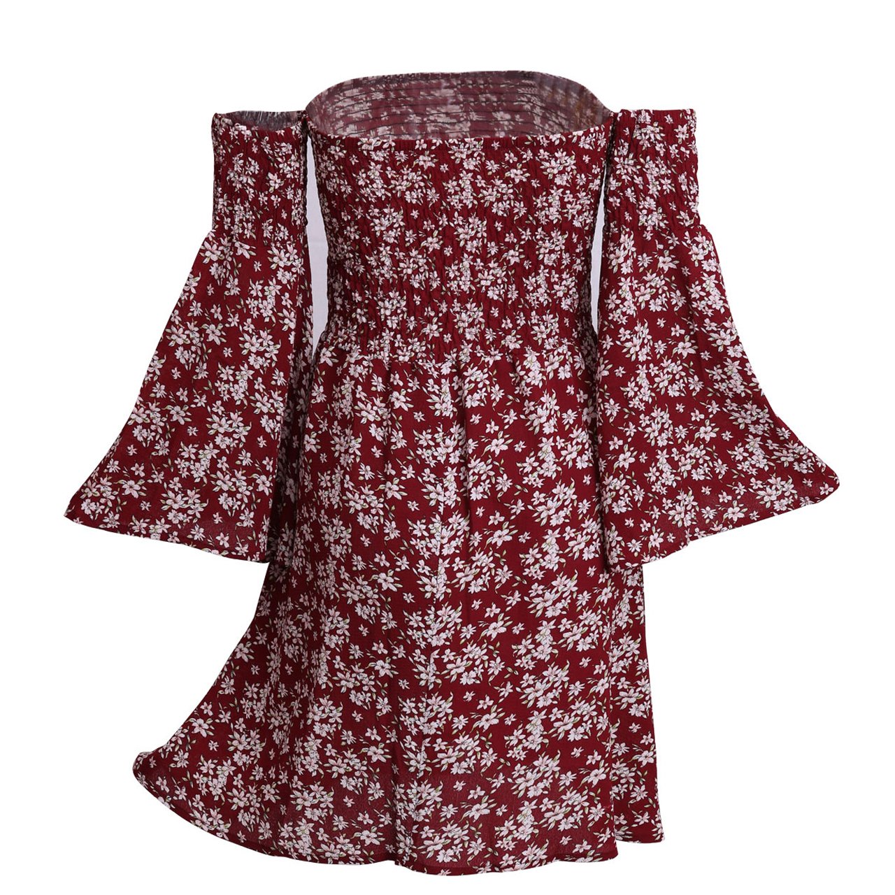 CHIC DIARY Women Sexy Off Shoulder Mini Dress Warp Chest Flare Sleeve Floral Dress (L)