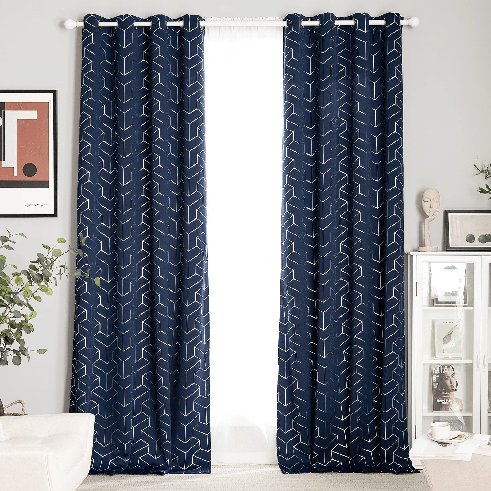 PONY DANCE Boy Curtains for Bedroom - Navy Curtains for Living Room Glitter Decorative Long Blackout Curtain Geometric Drapes Room Darkending, 52 x 84 Inch, 1 Pair