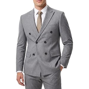 MY'S Men's Double-Breasted Suit, 2 Piece Suit Slim Fit Stripe Tuxedo, Jacket Blazer Pants with Tie Wedding Business Party