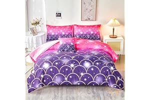 URBONUR Purple Glitter Comforter Set Full Size for Girls 6 Piece Bed in A Bag Comforter with Sheets Set, Gradient Pink Purple Sparkle Mermaid Fish Scales Bedding Comforter Set