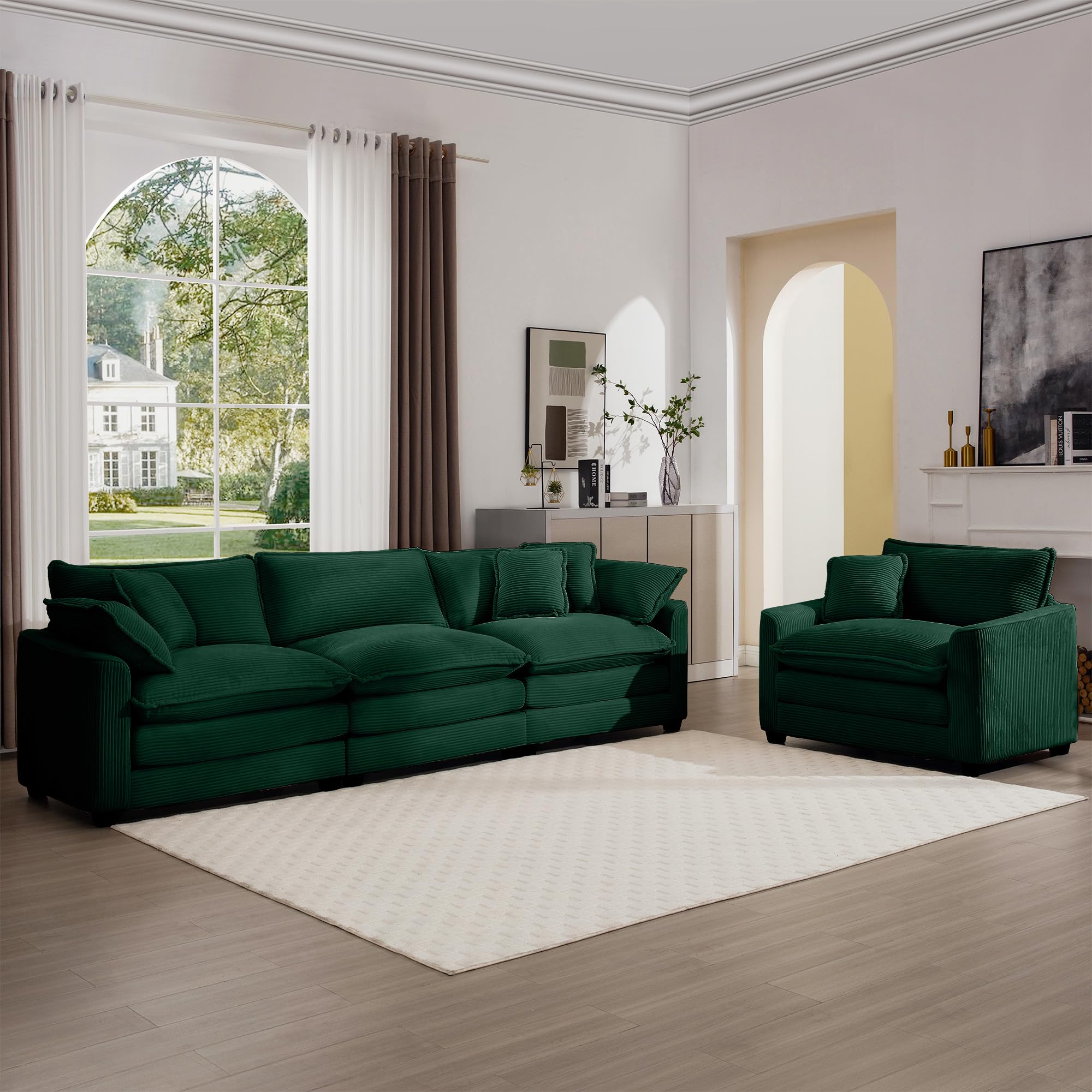 Photo 1 of *** MISSING PARTS**** * ARMS ONLY ***** PRICE ADJUSTED ****KEIKI 2-Piece Sofa Set with 1 Oversized Corduroy 3-Seater Sofa & 1 Single Sofa, Upholstered 4-Seater Couch Set with 6 Pillow, High-Density Foam Cushions, Removable Armrests, for Living Room, Green
