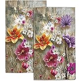 SAYOUZ Flowers Bath Hand Towels Set of 2, Retro Multicolor Spring Flowers Decorative Bath Towels Soft Super Absorbent Hand Towels for Bathroom Hotel Gym Home Decor,14"X28"